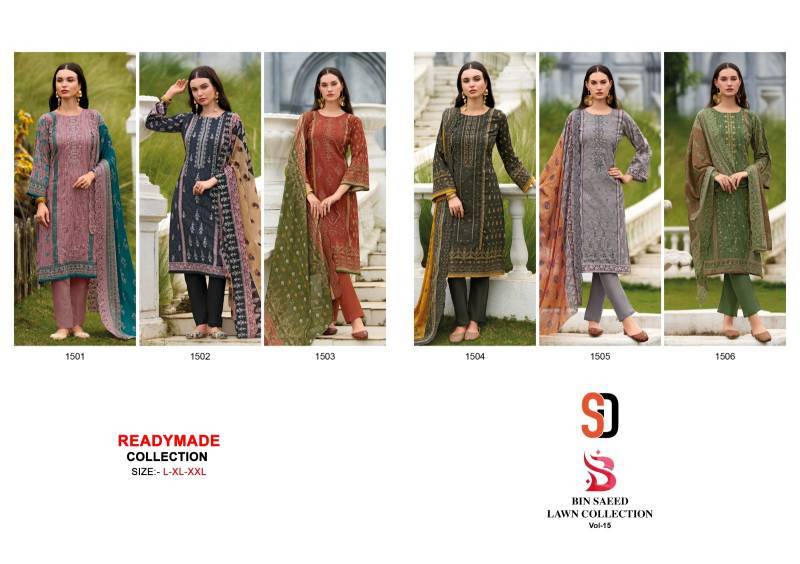 Bin Saeed Lawn Collection Vol 15 by Shradha designer 1501 TO 1506 SERIES Pakistani Stylish Beautiful Colourful Printed & Embroidered Party Wear & Occasional Wear cotton readymade Dresses At Wholesale Price